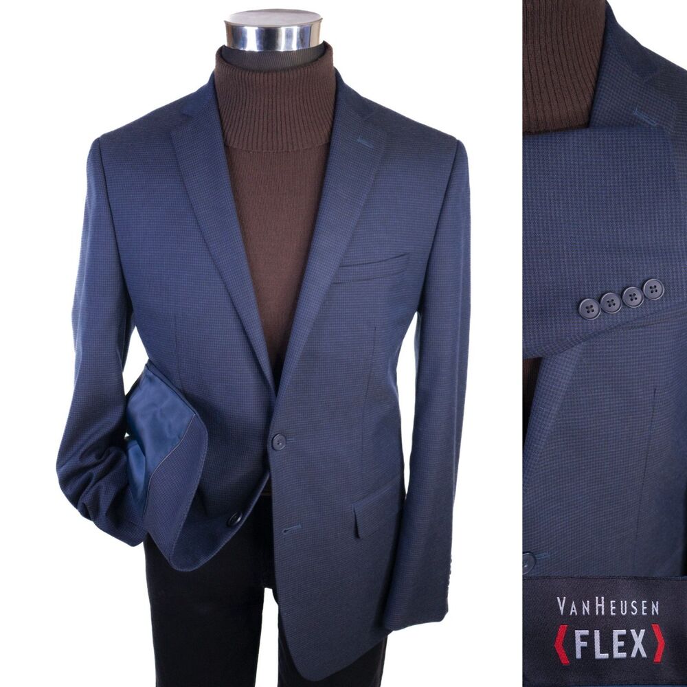 Van Heusen Blazer Sport Coa Sz 42R Houndstooth Blue Poly Blend 2-Button Jacket